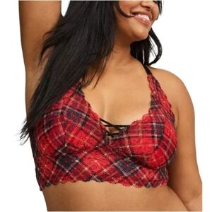 Torrid Biased Tartan Plaid Red Black Lightly Lined XO Lace Bralette Size 2